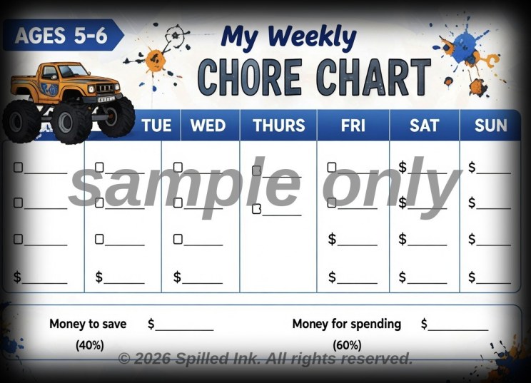 Sample of a printable weekly kids chore chart